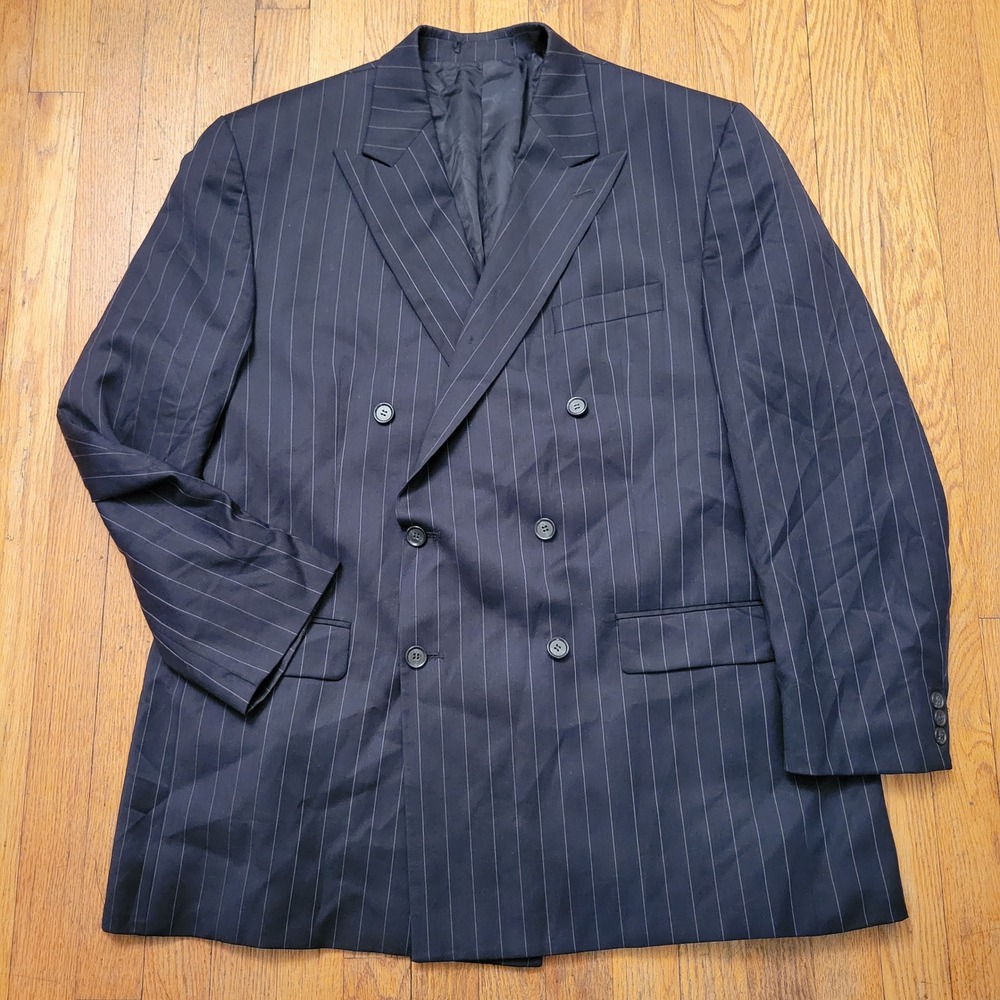 Izod 46L Blazer Blue Chalk Stripe Double Breasted Wool Mob Boss‎ Dandy Preppy